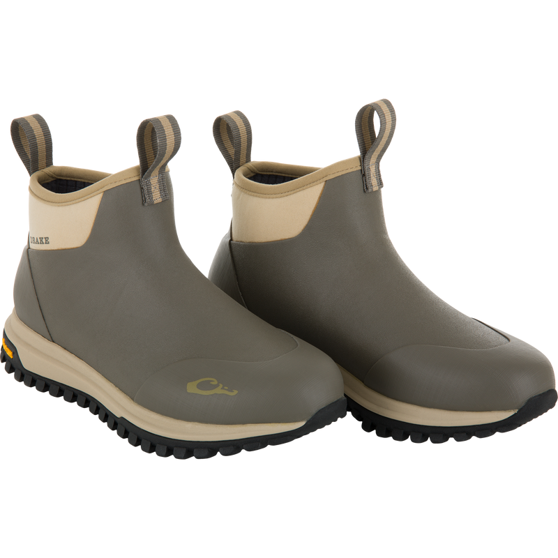 Offroad Rubber Deck Boots with slip-on design, featuring a 6 ankle, lugged Vibram outsole, and neoprene collar, ideal for waterfowl hunting conditions.
