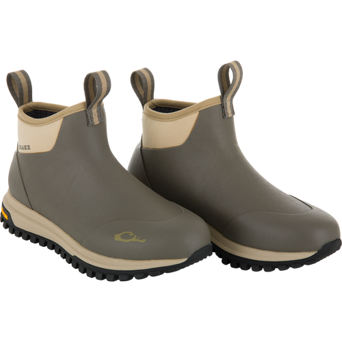 Offroad Rubber Deck Boots with slip-on design, featuring a 6 ankle, lugged Vibram outsole, and neoprene collar, ideal for waterfowl hunting conditions.