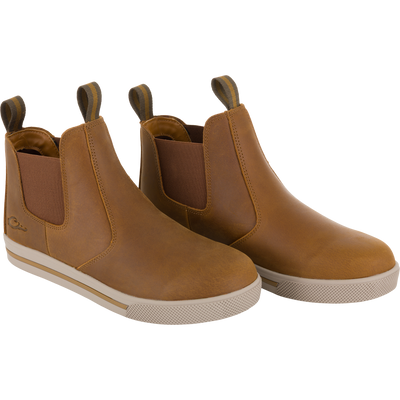 Lifestyle Leather Camp Deck Boot in Crazy Horse brown featuring elastic side panels, pull tabs, and light-colored rubber soles.