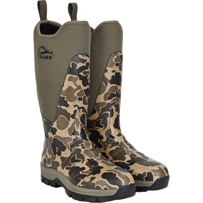 The Waterfowl Uninsulated 16″ Camp Boot in Old School Sport features neoprene uppers, black rubber outsoles, and pull-on handles, shown on a plain background.