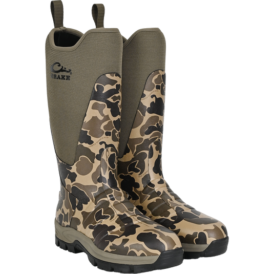 The Waterfowl Uninsulated 16″ Camp Boot in Old School Sport features neoprene uppers, black rubber outsoles, and pull-on handles, shown on a plain background.