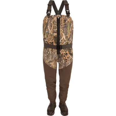 Uninsulated Guardian Elite HND Front Zip Waders featuring camo upper, adjustable suspenders, waterproof legs, built-in boots, and front zipper for enhanced outdoor protection.