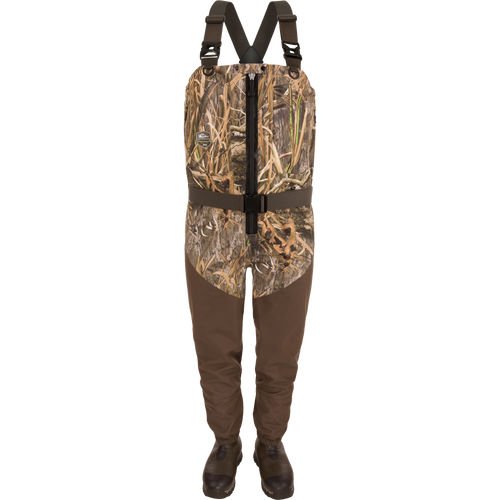 Uninsulated Guardian Elite HND Front Zip Waders featuring camo upper, adjustable suspenders, waterproof legs, built-in boots, and front zipper for enhanced outdoor protection.
