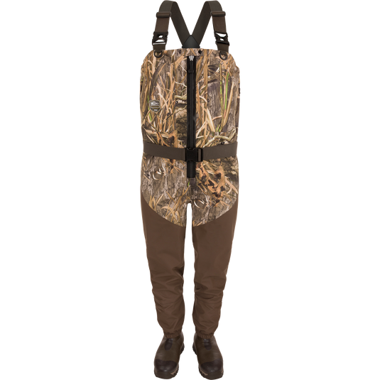 Uninsulated Guardian Elite HND Front Zip Waders featuring camo upper, adjustable suspenders, waterproof legs, built-in boots, and front zipper for enhanced outdoor protection.