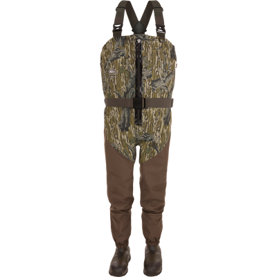 A pair of Waterfowl Uninsulated Guardian Elite HND Front Zip Waders with brown legs, black suspenders, front zipper, and attached boots—ideal breathable waders for fishing or waterproof hunting.