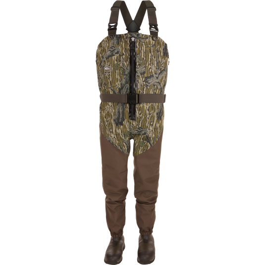 The Uninsulated Guardian Elite HND Front Zip Waders by Sale feature a Mossy Oak Original Treestand upper, reinforced boots, adjustable straps, and a waist belt—ideal waterproof waders for hunting. Shown on a white background.
