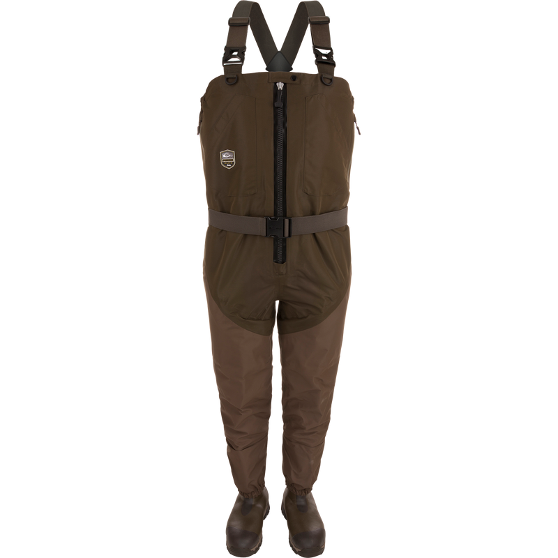 Uninsulated Guardian Elite HND Front Zip Waders with integrated boots, adjustable straps, and front zipper, designed for durability and comfort in outdoor waterfowl hunting and fishing.