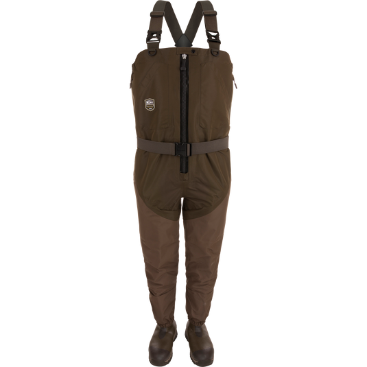 Uninsulated Guardian Elite HND Front Zip Waders with integrated boots, adjustable straps, and front zipper, designed for durability and comfort in outdoor waterfowl hunting and fishing.