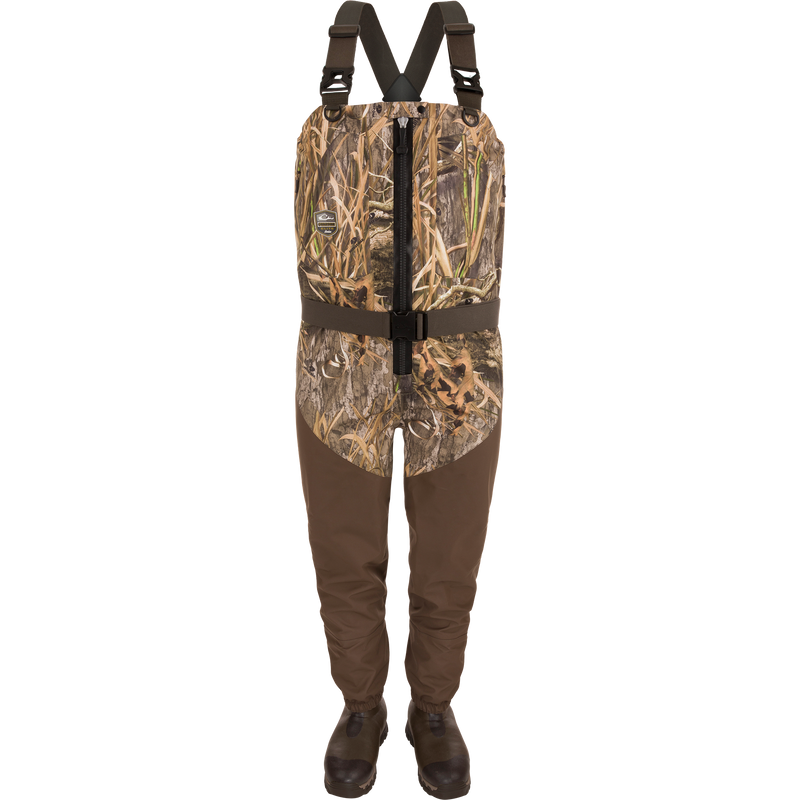 Hybrid Insulated Guardian Elite HND Front Zip Wader with camouflage pattern, adjustable straps, built-in rubber boots, featuring advanced insulation and reinforced seams for ultimate outdoor performance.