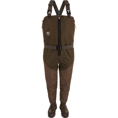 Hybrid Insulated Guardian Elite HND Front Zip Wader with built-in boots, adjustable suspenders, reinforced seams, and durable zipper for fishing or wetland use.