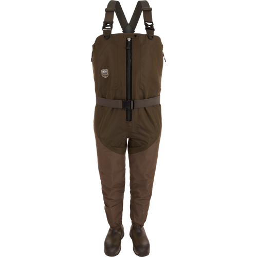 Hybrid Insulated Guardian Elite HND Front Zip Wader with built-in boots, adjustable suspenders, reinforced seams, and durable zipper for fishing or wetland use.