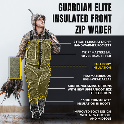 Man in camouflage holding a gun, showcasing Insulated Guardian Elite HND Front Zip Wader, designed for waterproof, windproof, and breathable protection with Thinsulate® boot lining for warmth.