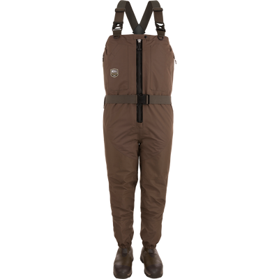 Insulated Guardian Elite HND Front Zip Wader with straps and reinforced boots, featuring a TiZIP® MasterSeal vertical zipper and Thinsulate® boot lining for warmth and durability.