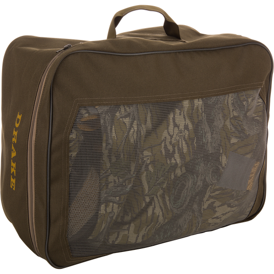 Drake BMF1600 Kevlar Wader with Primaloft in olive-drab, featuring a large mesh front panel, designed for hunters to store and transport gear.