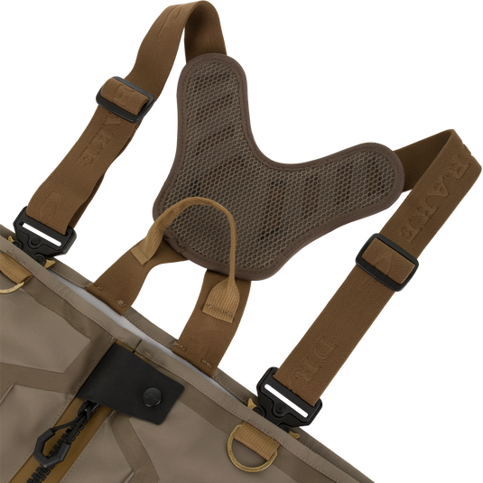 Tan Kevlar wader shoulder straps with a mesh-padded back harness and black quick-release buckles for the Drake X Ducks Unlimited BMF1600 Kevlar Wader.