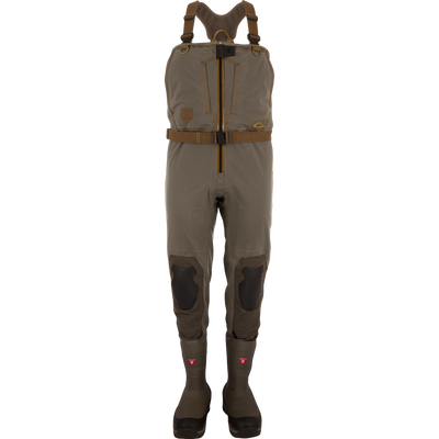 Mud brown Drake X Ducks Unlimited BMF1600 Kevlar Wader chest waders with shoulder straps, a center zipper, and reinforced knee pads.