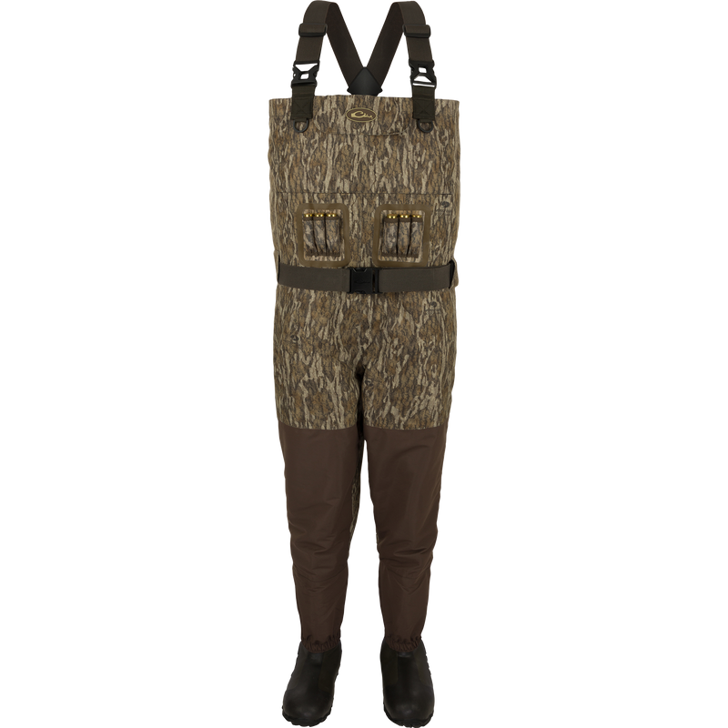 Insulated Guardian Elite Vanguard Breathable Waders - Camouflage waders. Ideal for cold conditions. Waterproof, windproof, and breathable fabric. LokDown insulation for warmth. Store gear in cargo pouch and zippered pocket.