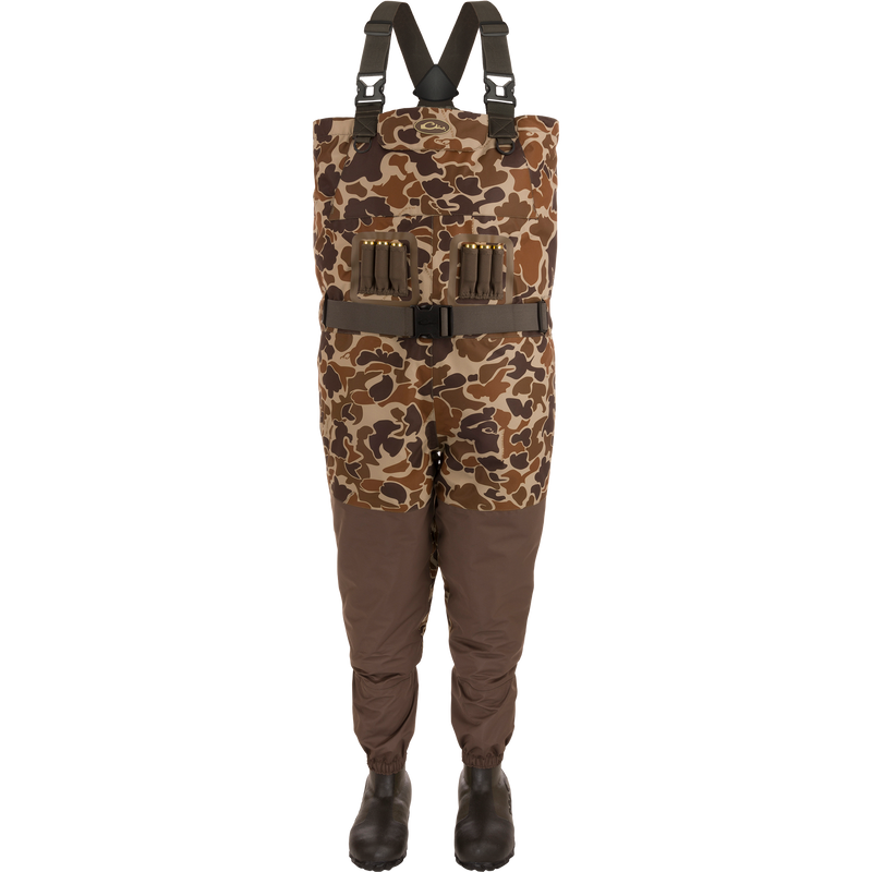 Insulated Guardian Elite Vanguard Breathable Waders with camo design, adjustable straps, external pockets with shell loops, and attached boots, ideal for waterfowl hunting or fishing.
