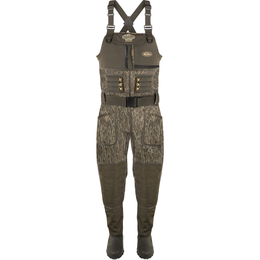 Close-up of the Buckshot Eqwader 1600 Neoprene Wader 3.0 featuring waterproof seams, Hydro-Flex knee pads, and Buckshot Mud boots.