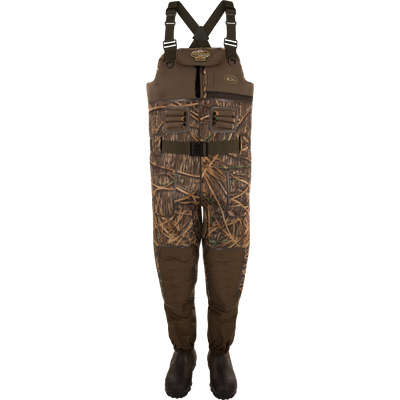 Buckshot Eqwader 1600 Neoprene Wader 3.0 by Waterfowl: chest-high waterproof waders with adjustable black suspenders, front pockets, and attached rubber boots with DryFuse Seam Technology, on a plain white background.