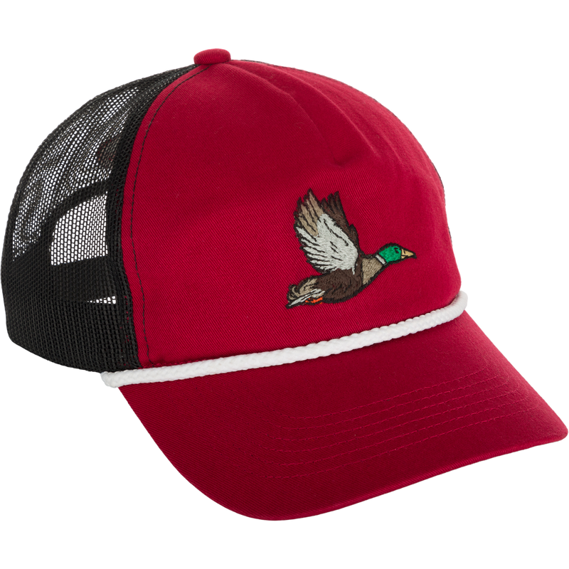 Retro Duck Patch Cap featuring a colorful duck embroidery, a slight pre-curved visor with roping, and an adjustable snap back closure for a customizable fit.