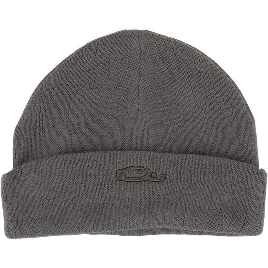 The Waterfowl LST Rib-Knit Stocking Cap is a gray acrylic beanie with a roll-up design, folded brim, and a small embroidered whale logo on the front.