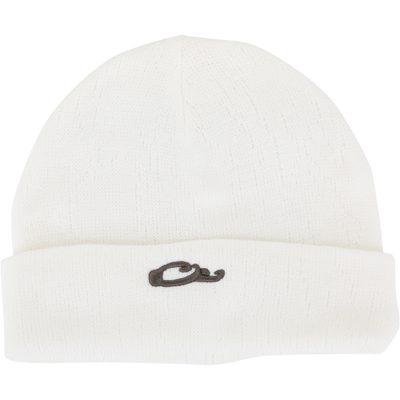 The LST Rib-Knit Stocking Cap by Waterfowl is a white acrylic beanie with a folded brim and a small black Drake duck head logo embroidered on the front in classic roll-up style.