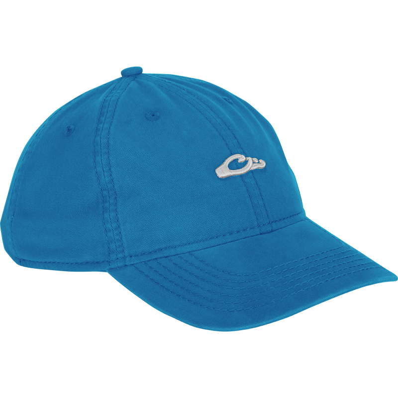 Cotton Twill Logo Cap - A low-profile blue baseball cap with a silver hand gesture logo. Crafted with 100% cotton twill, leather strap backing, and a contoured bill. Perfect for pushing yourself to the limit in style.