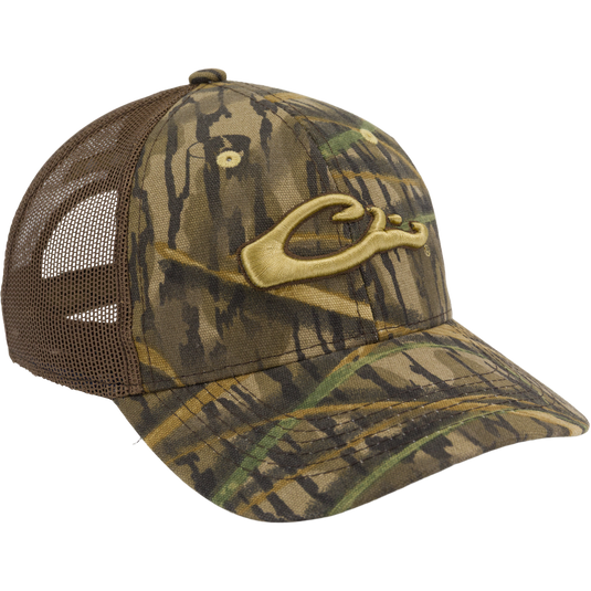 The Waterfowl 6-Panel Camo Mesh-Back Cap features a gold C, breathable mesh panels, and durable cotton for comfort and style on any outdoor adventure.