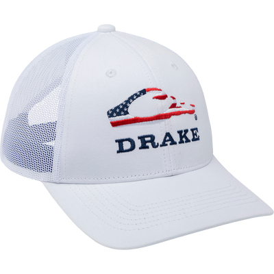 Drake Flag Logo Cap with American flag design and Drake in navy blue, featuring a mesh back, structured panels, and adjustable snapback closure.