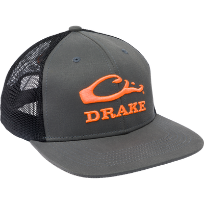 Drake Blaze Logo Mesh Back Cap with flat bill, featuring a Blaze-embroidered logo on a structured six-panel design with mesh back for comfort.