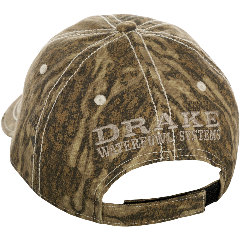 Distressed 6-Panel Ball Cap: A close-up of back of hat with velcro strap.