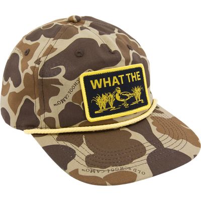 Drake What The Duck Rope Cap featuring a camo pattern, yellow rope detail, and a humorous duck patch. Includes flat visor, adjustable snap-back, and comfort sweatband.