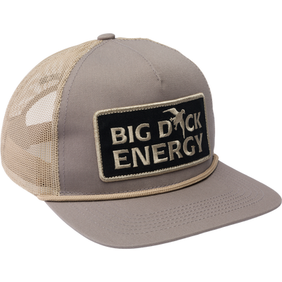 The Drake Big Duck Energy Mesh Back Rope Cap by Lifestyle features a patch on the front, mesh back, adjustable snap-back closure, and comes in Dark Grey/Tan.