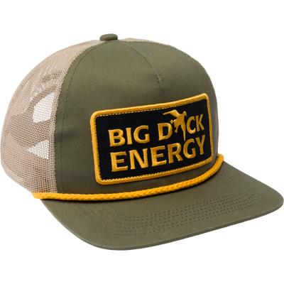 The Drake Big Duck Energy Mesh Back Rope Cap by Lifestyle features a loden/tan color, mesh back, yellow rope detail, adjustable snapback, and a patch reading BIG DUCK ENERGY.