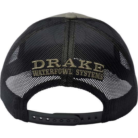 Drake Circle Badge Mesh Back Rope Cap with embroidered logo, featuring a structured crown, flat bill with rope detail, and adjustable mesh back for ventilation.