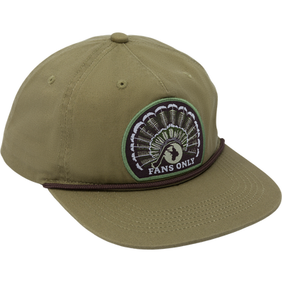 Fans Only Rope Cap featuring a 5-panel unstructured crown, flat visor with rope detailing, and adjustable snap back closure for comfort and customization.