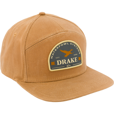 The Drake x Lost Hat Sa7age Waxed Duck Cap by Lifestyle comes in Duck Brown with a curved brim and front patch featuring an orange duck logo—ideal for classic outdoor style.