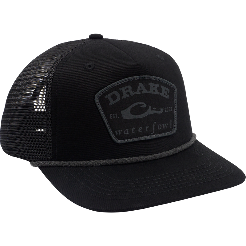 Drake X Lost Hat Rancheero Mesh Back Rope Cap features a foam front, mesh back, braided rope, and DRAKE waterfowl Est. 2002 patch.