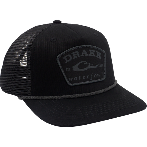 Drake X Lost Hat Rancheero Mesh Back Rope Cap features a foam front, mesh back, braided rope, and DRAKE waterfowl Est. 2002 patch.