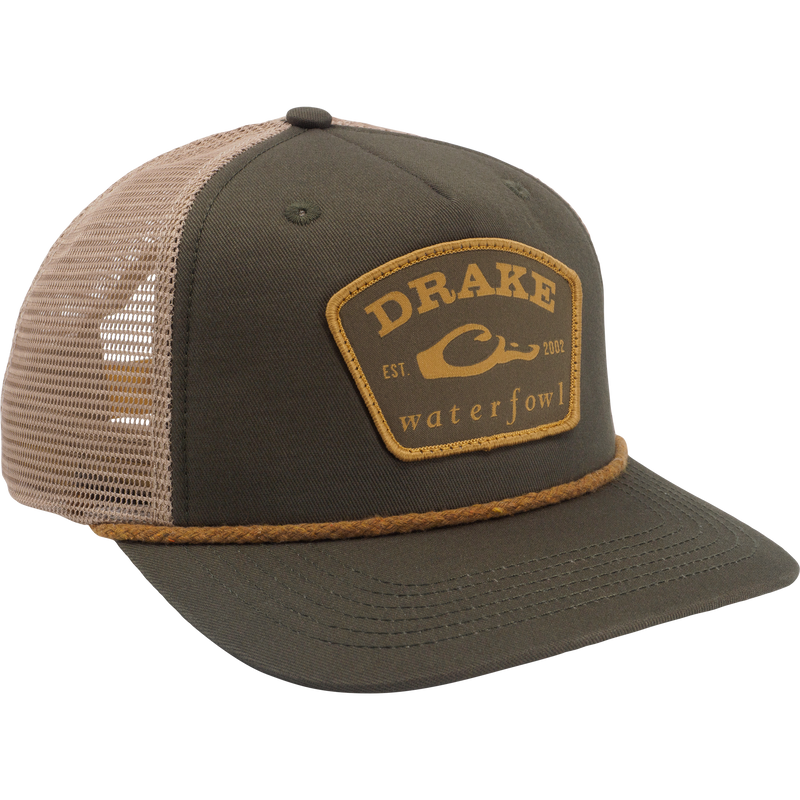 Drake X Lost Hat Rancheero Mesh Back Rope Cap with olive canvas front, tan mesh, and duck-bill logo patch, ideal for hunting and outdoor activities.