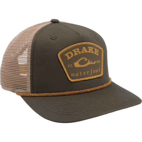 Drake X Lost Hat Rancheero Mesh Back Rope Cap with olive canvas front, tan mesh, and duck-bill logo patch, ideal for hunting and outdoor activities.