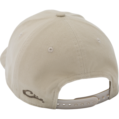 Decoy Dad Cap's back view showing six-panel design, stitched eyelets, small logo, and adjustable snap-closure, highlighting its durability and comfort for hunting enthusiasts.