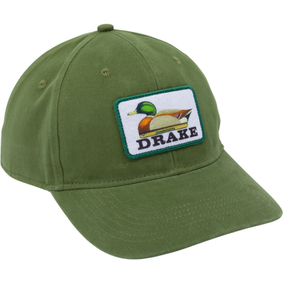 The Lifestyle Decoy Dad Cap is an olive cotton twill hat featuring a mallard duck patch and “DRAKE” embroidered below the image.