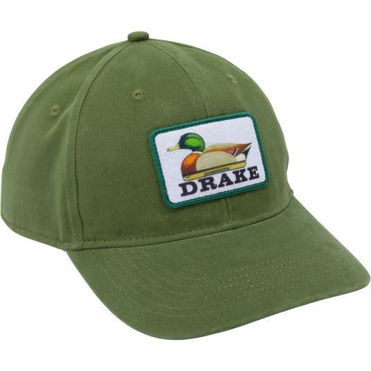 The Lifestyle Decoy Dad Cap is an olive cotton twill hat featuring a mallard duck patch and “DRAKE” embroidered below the image.