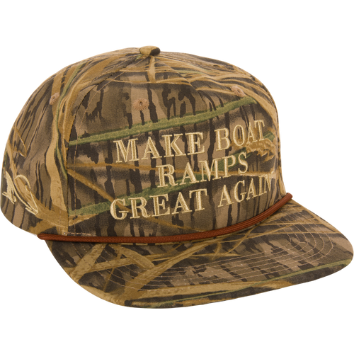Make Boat Ramps Great Again Rope Cap with camouflage pattern, front embroidery, and adjustable snap back closure, supporting boat ramp restoration efforts.