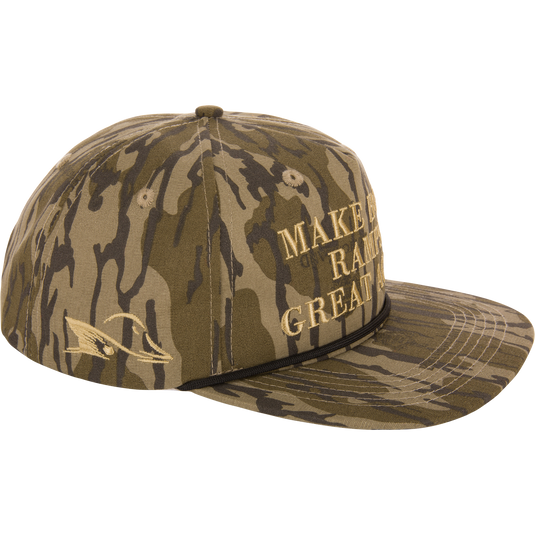 Camouflage Make Boat Ramps Great Again cap with flat bill, adjustable snapback, and embroidered designs, supporting boat ramp restoration, from Drake Waterfowl.