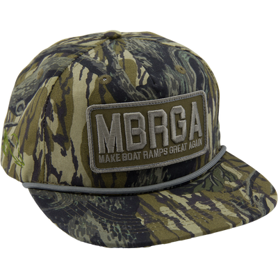 Show your boat ramp pride with the Drake x Lost Hat MBRGA Patch Goat Rope Cap by Waterfowl in Mossy Oak Original Treestand—flat brim, rope detail, and snapback closure.