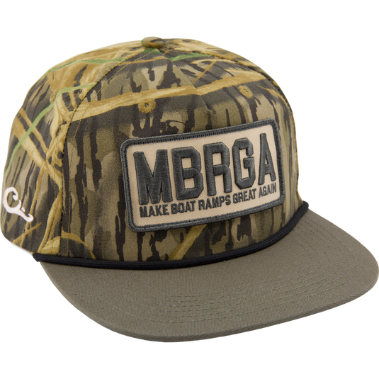 Drake x Lost Hat MBRGA Hybrid Patch Goat Rope Cap, camo-pattern trucker hat with Make Boat Ramps Great Again patch, adjustable snap back, and embroidered details.