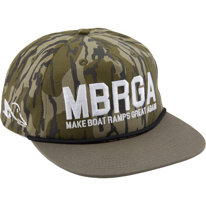 Drake x Lost Hat MBRGA Hybrid Patch Goat Rope Cap featuring camouflage pattern, embroidered Make Boat Ramps Great Again, flat bill, and adjustable snap back.